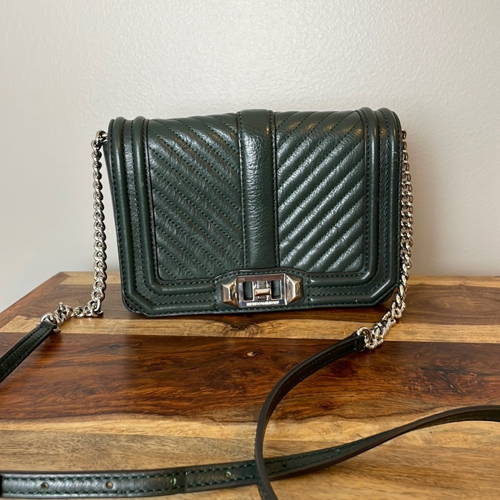 Rebecca Minkoff Dark Green Quilted Leather Crossbody Bag with Silver Chain